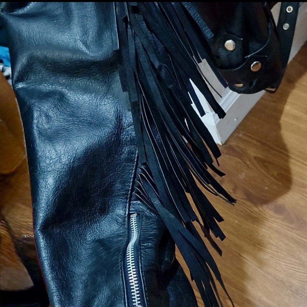 Wilson’s Fringed Black Leather Biker Jacket XL - Picture 10 of 16